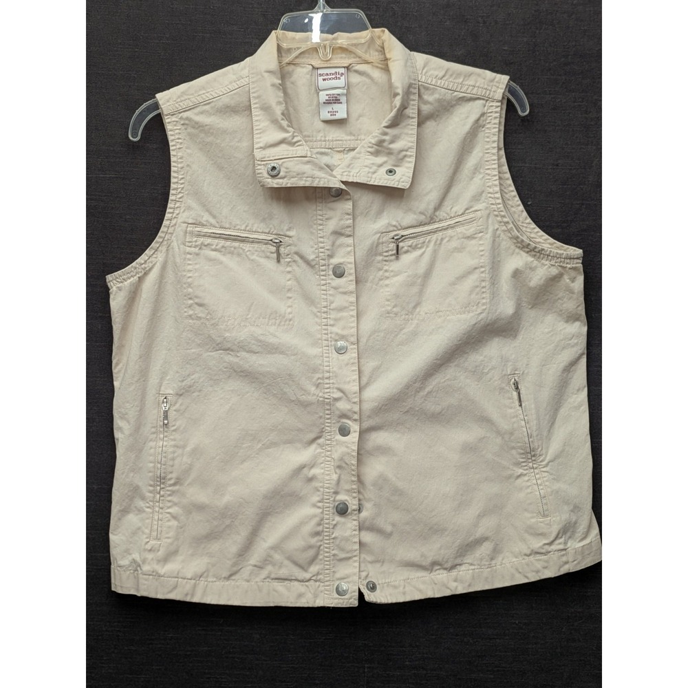Scandia Woods Safari Sleeveless Vest Multi Pocket Tan Collared Vest Women's L